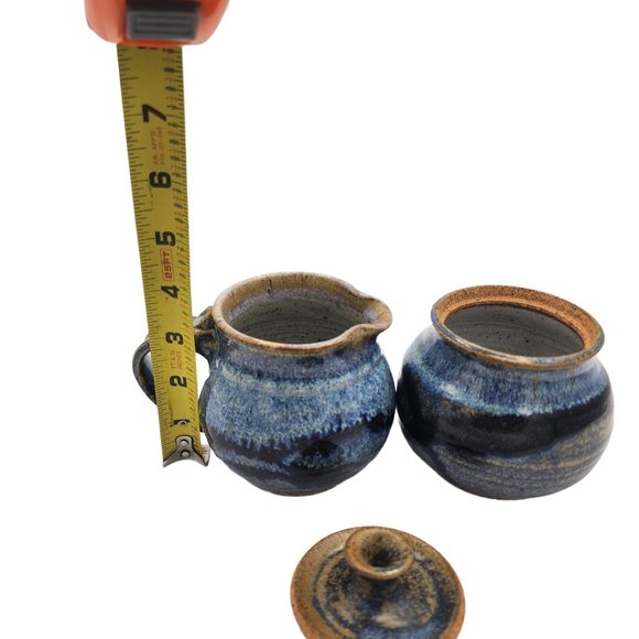Hand Made Pottery Sugar with Lid and Creamer Set Blue Brown Rustic Clay Artisan - Picture 4 of 8